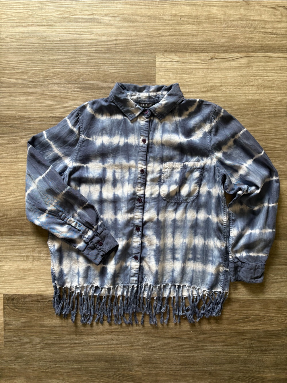 A.P.N.Y Tencel Tie Dye Fringe Shirt Women's Size M 8-10 Blue Indigo Boho Cleo